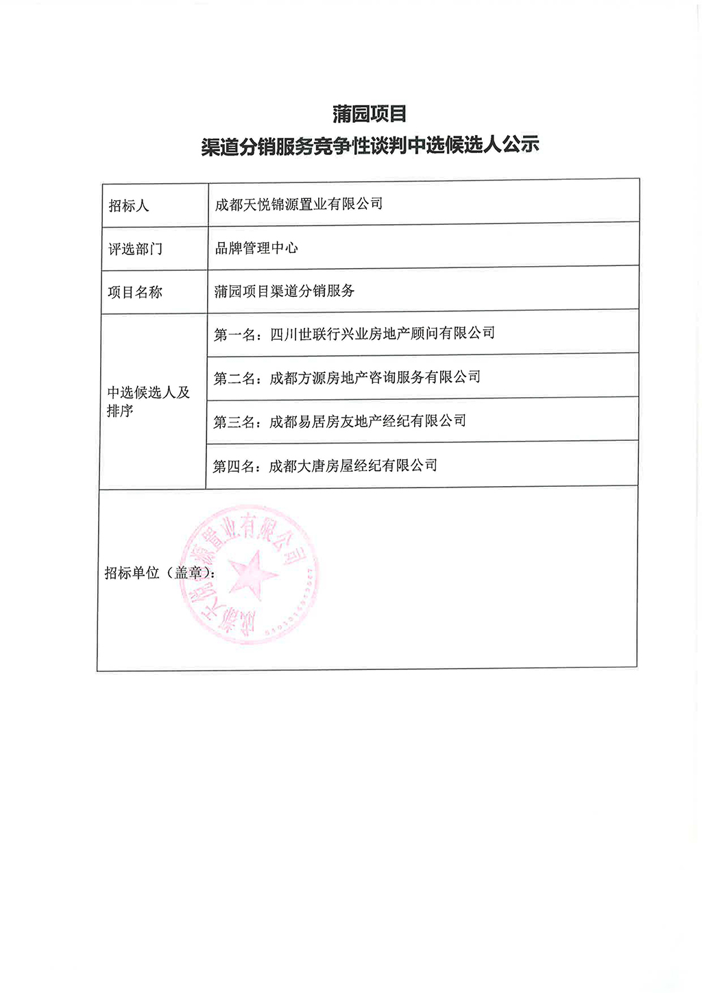 蒲园项目 渠道分销服务竞争性谈判中选候选人公示