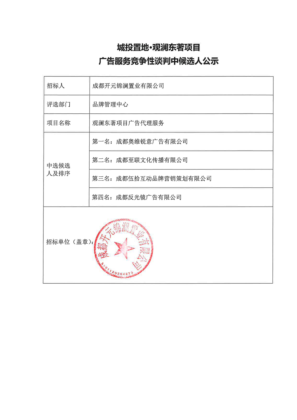 博彩
·观澜东著项目广告服务竞争性谈判中候选人公示(2)