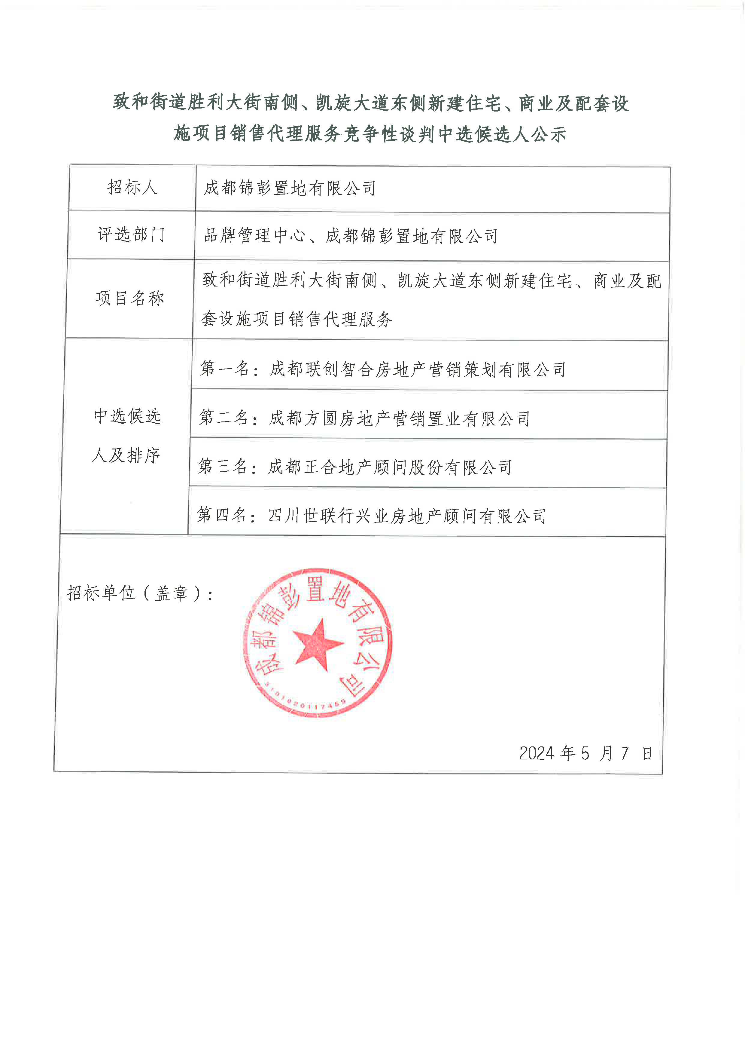 代理服务竞争性谈判中选候选人公示