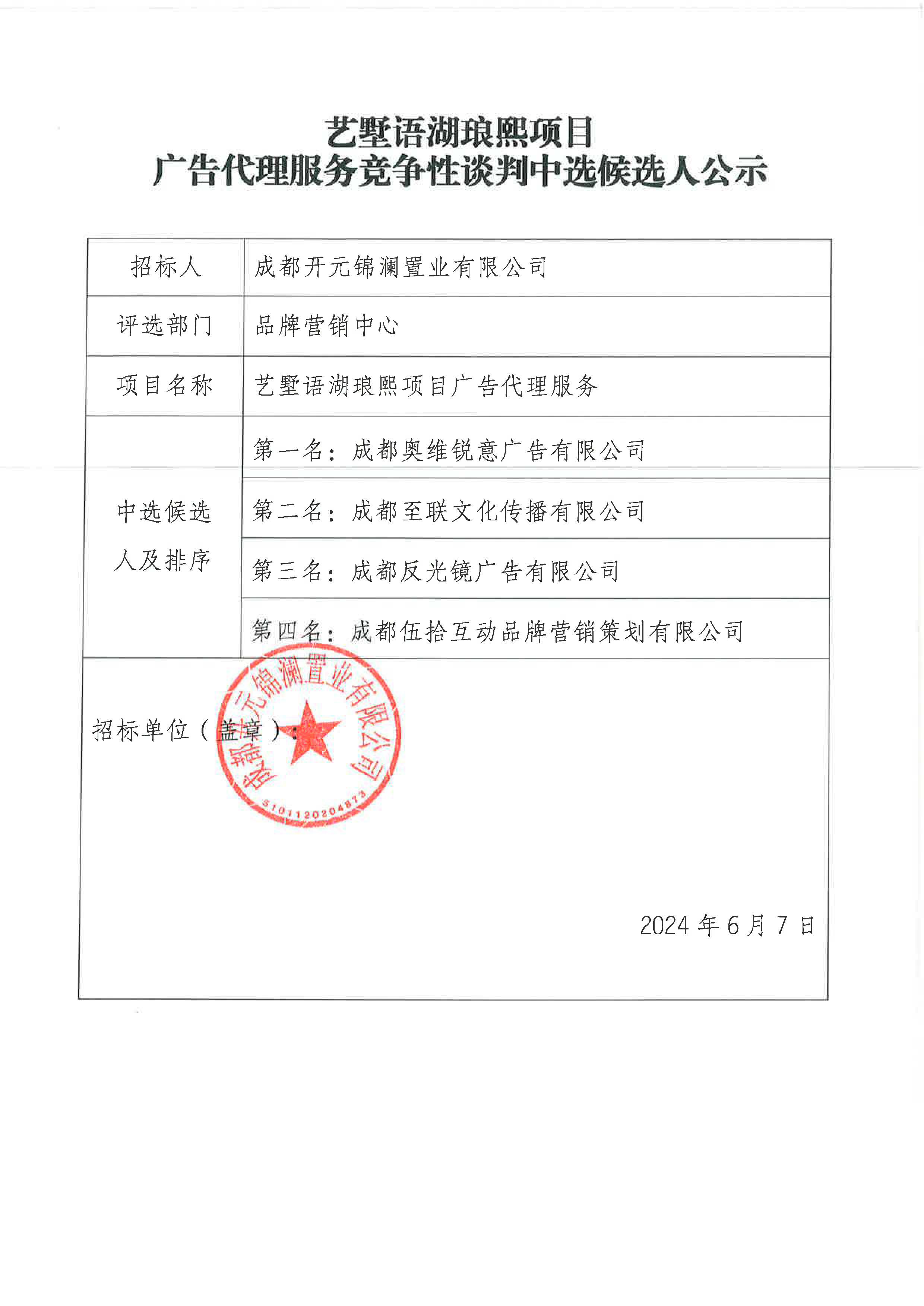 艺墅语湖琅熙项目广告代理服务竞争性谈判中选候选人公示
