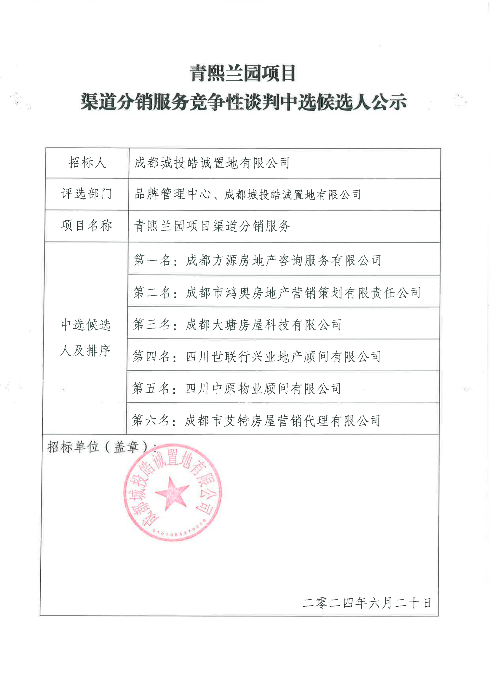 青熙兰园项目渠道分销服务竞争性谈判中选候选人公示