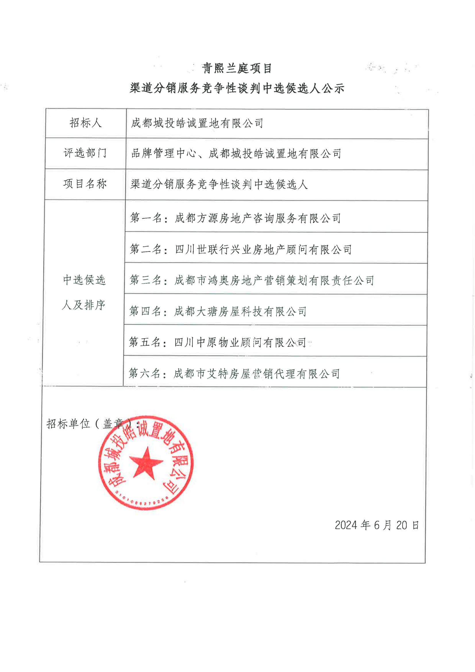 青熙兰庭项目渠道分销服务竞争性谈判中选候选人公示