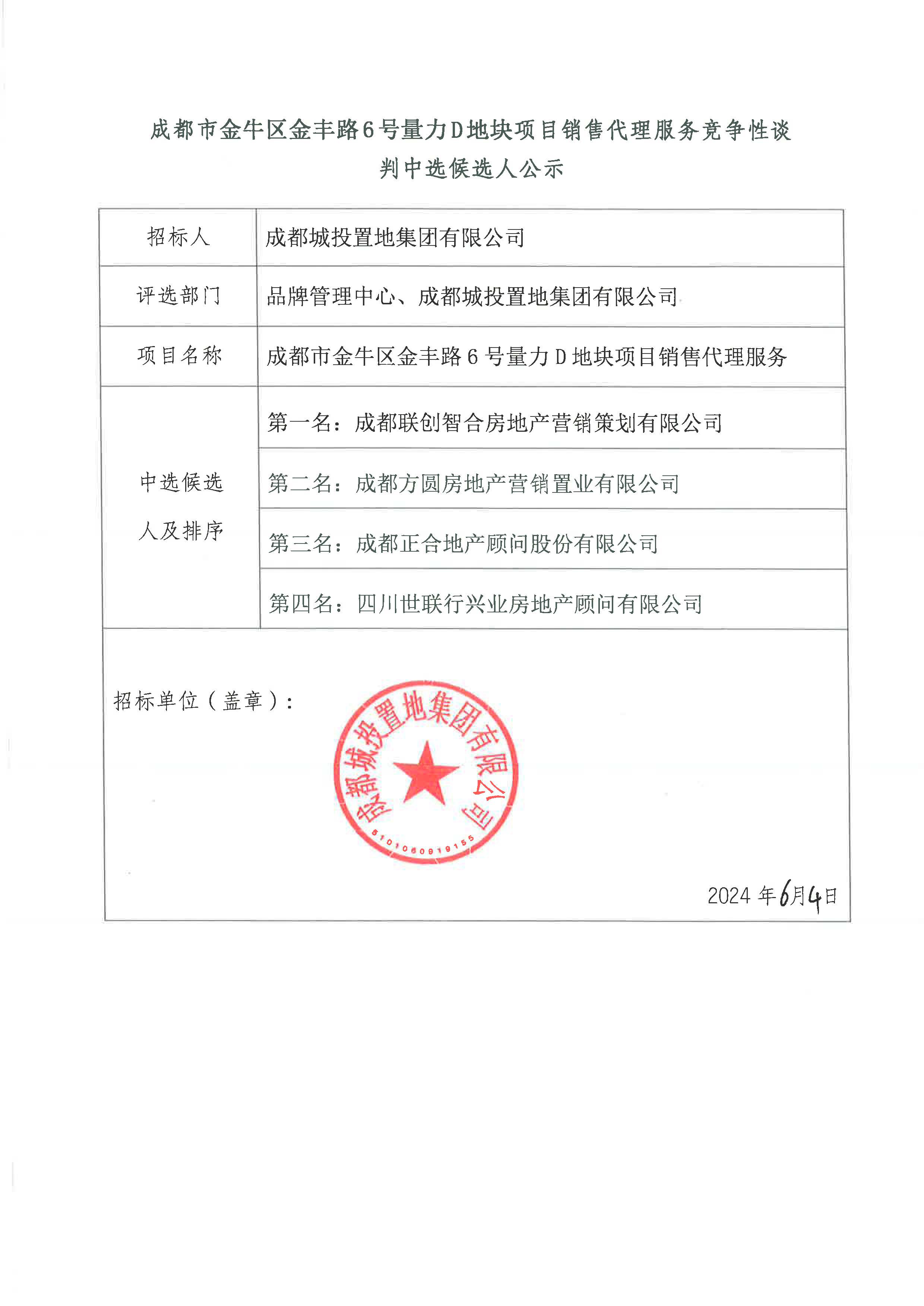 量力D地块销售代理服务竞争性谈判中选候选人公示