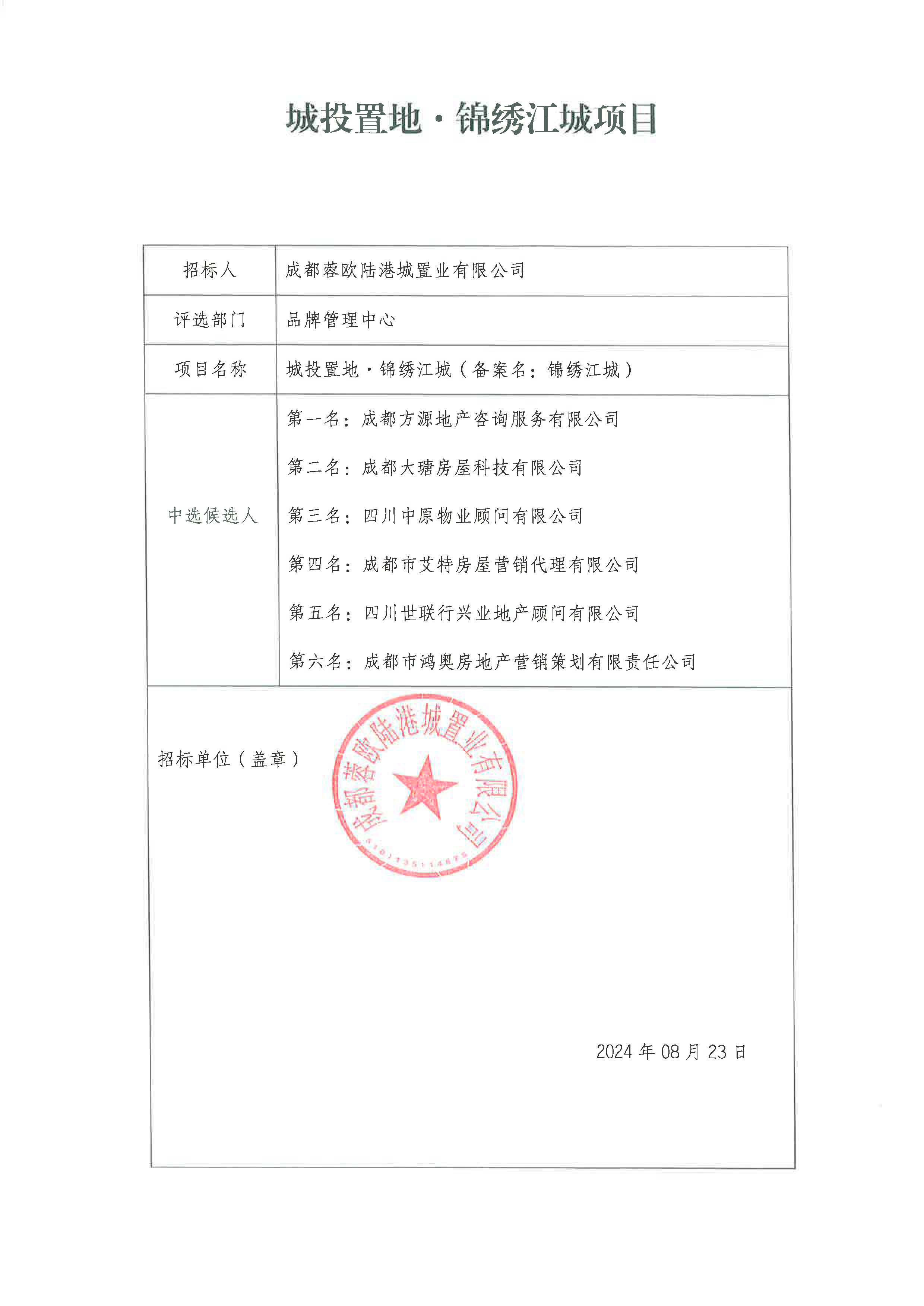 锦绣江城项目渠道竞争性谈判中选候选人公示