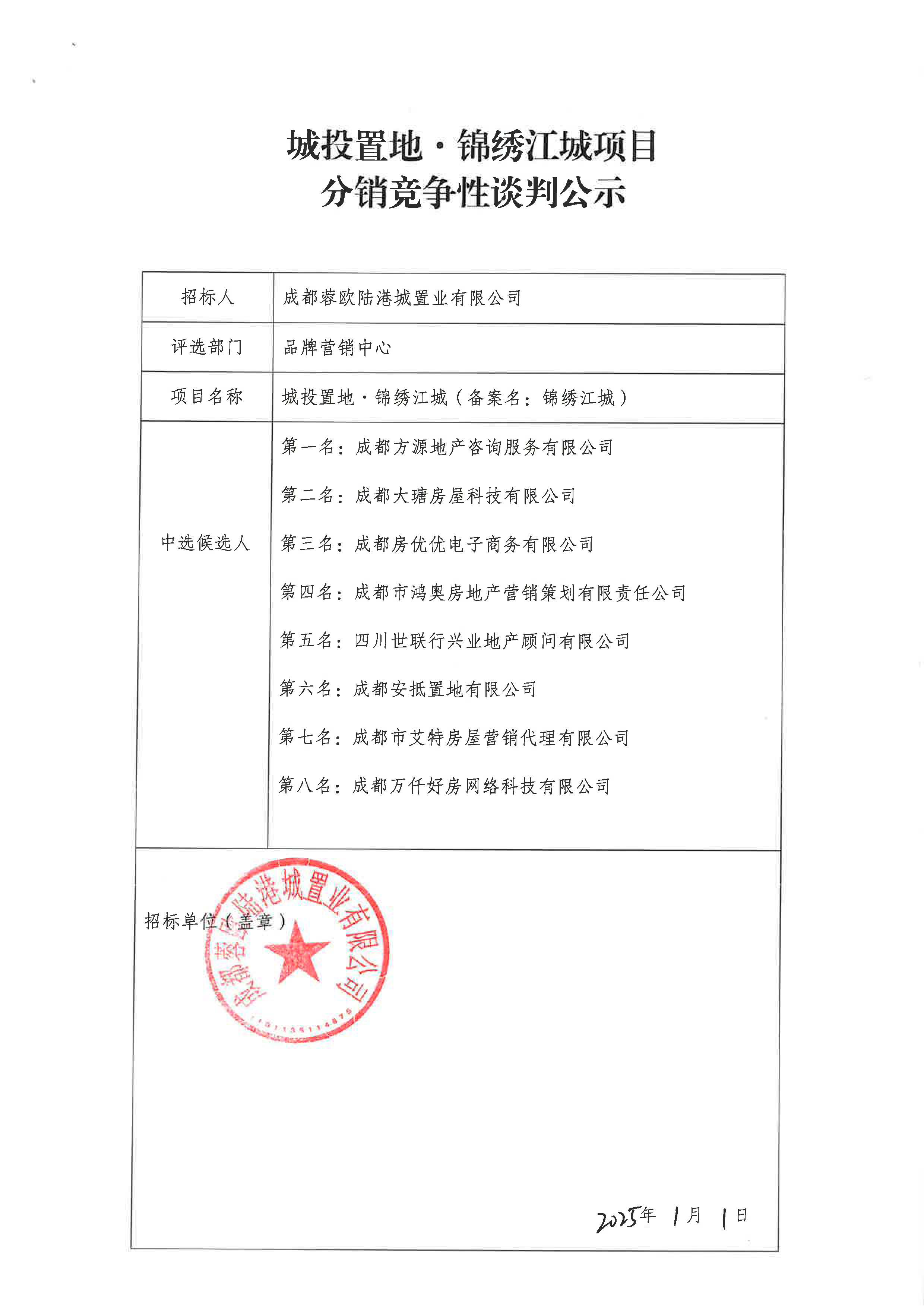 2025锦绣江城分销竞争性谈判公示